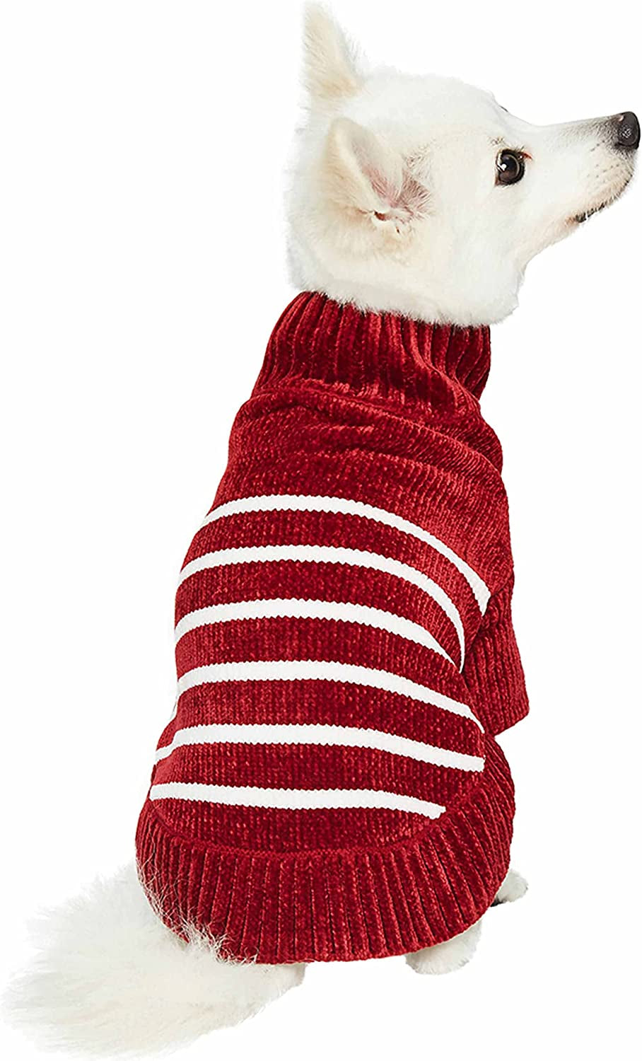 Cozy Soft Chenille Classy Striped Dog Sweater in Burgundy Red, Back Length 