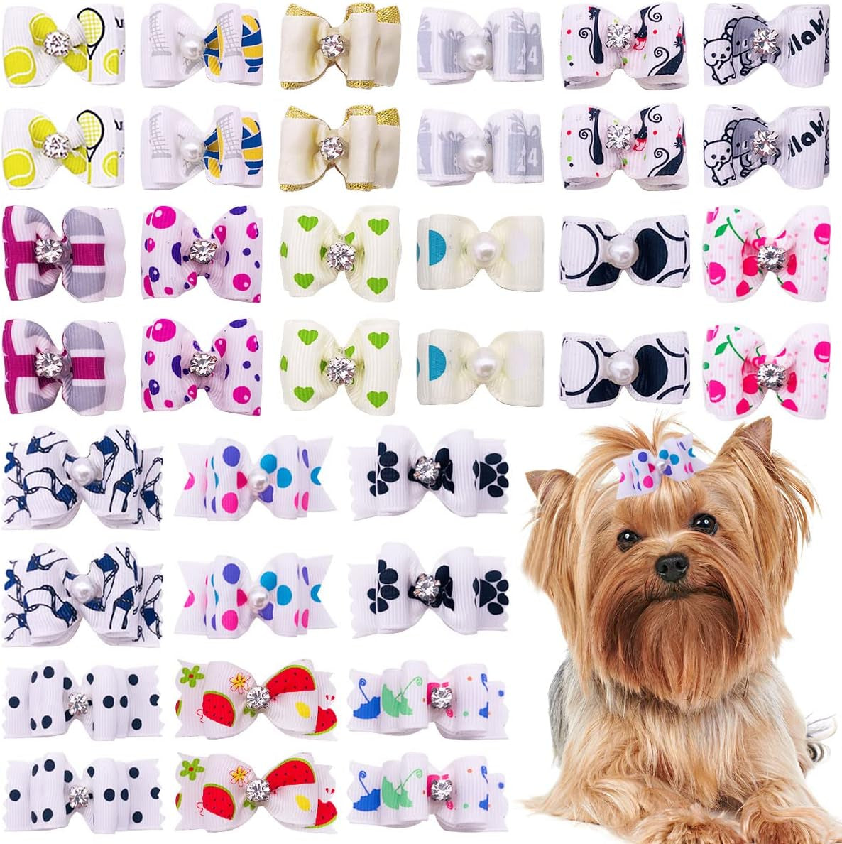 "Set of 20 Small Dog Hair Bows with Rubber Bands - Pet Grooming Accessories for Puppies, Dogs, and Cats - Suitable for Various Breeds"