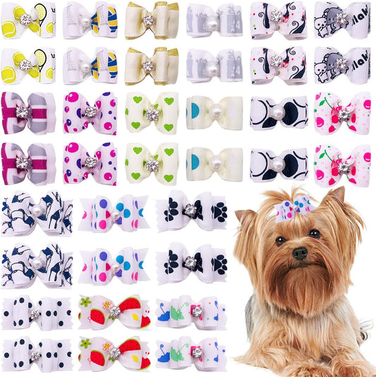 "Set of 20 Small Dog Hair Bows with Rubber Bands - Pet Grooming Accessories for Puppies, Dogs, and Cats - Suitable for Various Breeds"