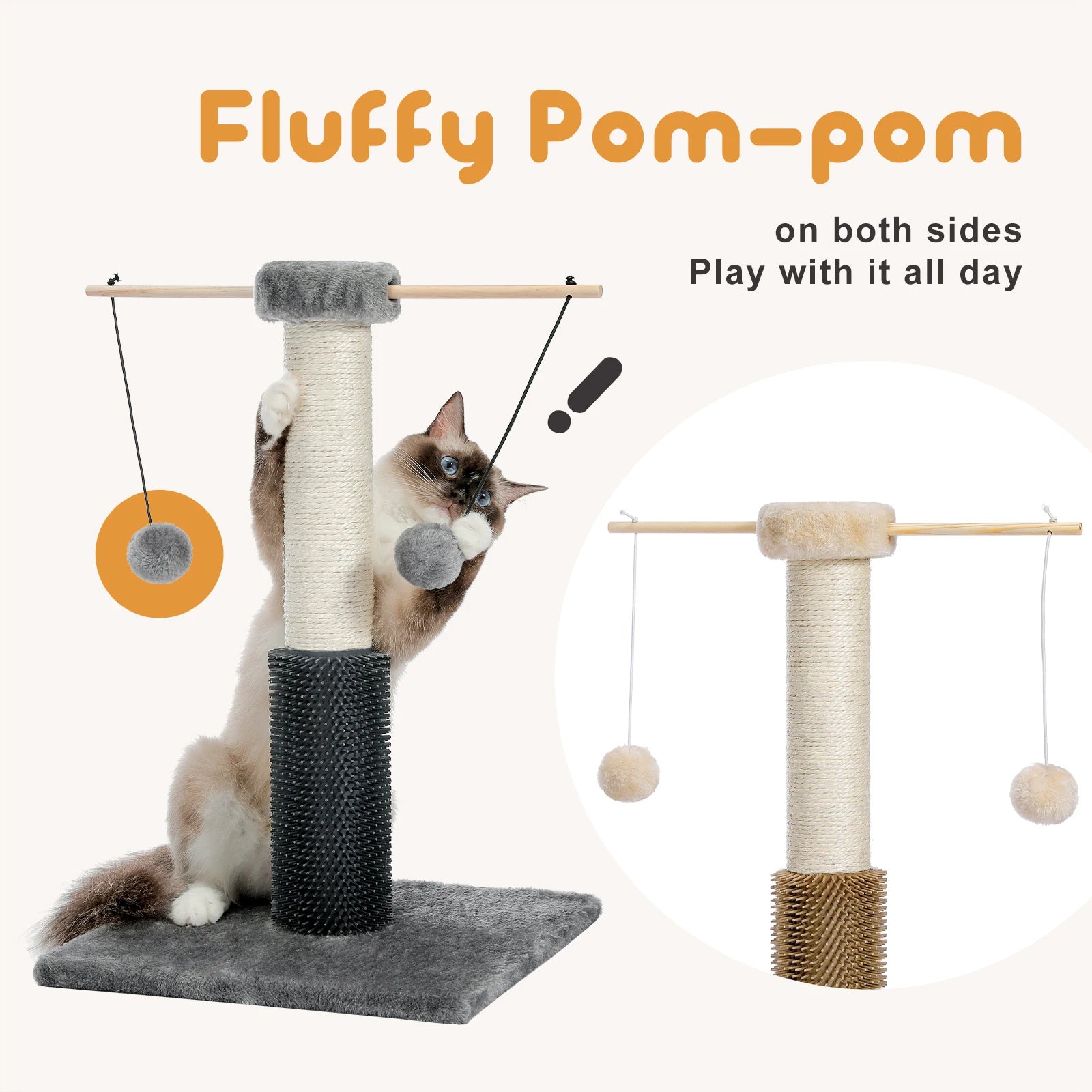 Small Cat Scratching Post with Grooming Brush and Fluffy Detachable Ball