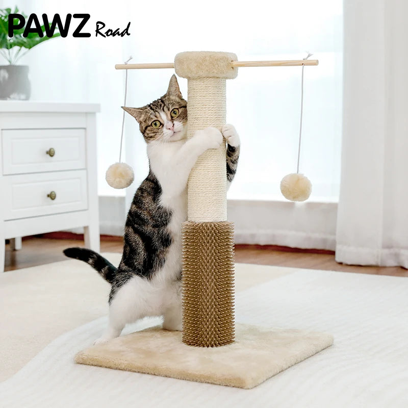 Small Cat Scratching Post with Grooming Brush and Fluffy Detachable Ball