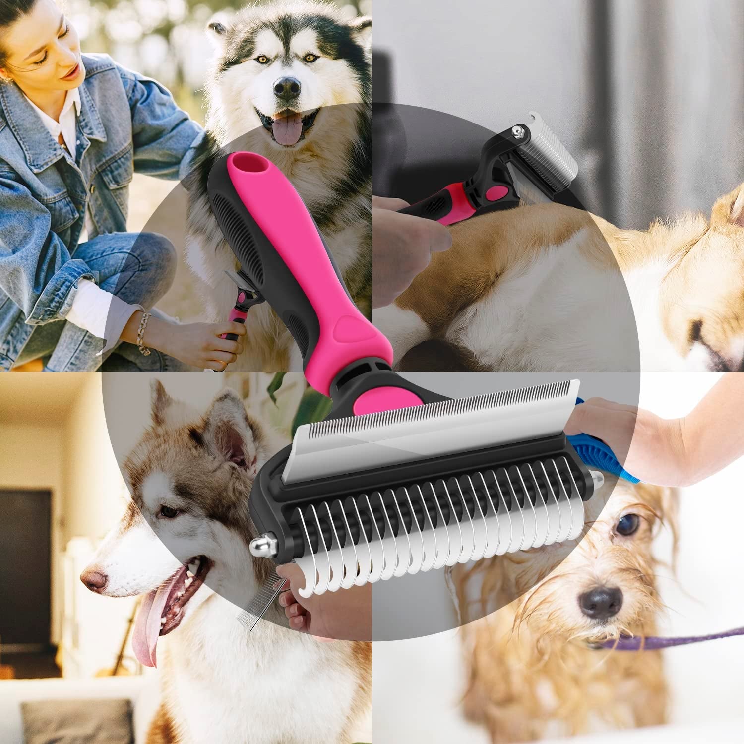 Pet Deshedding Brush, 2 in 1 Undercoat Rake for Dogs, Dematting Comb Grooming Brush