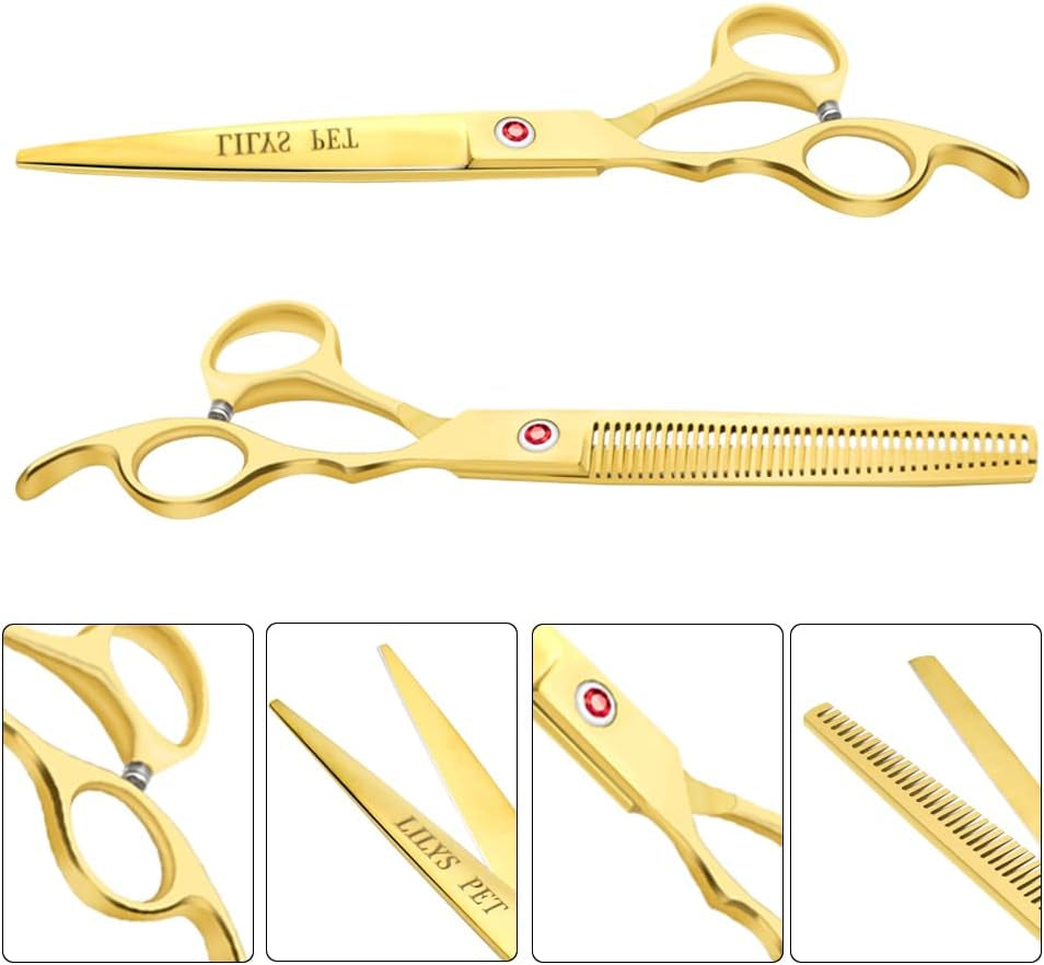 Professional PET DOG Grooming Coated Titanium Scissors Suit Cutting&Curved&Thinning Shears