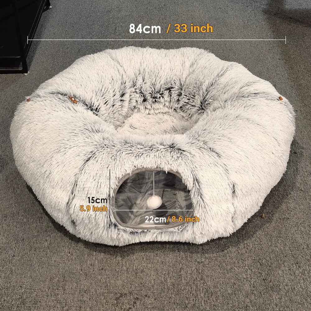 Large Cat Tunnel Bed with Fluffy Cave Tube, Removable Cushion