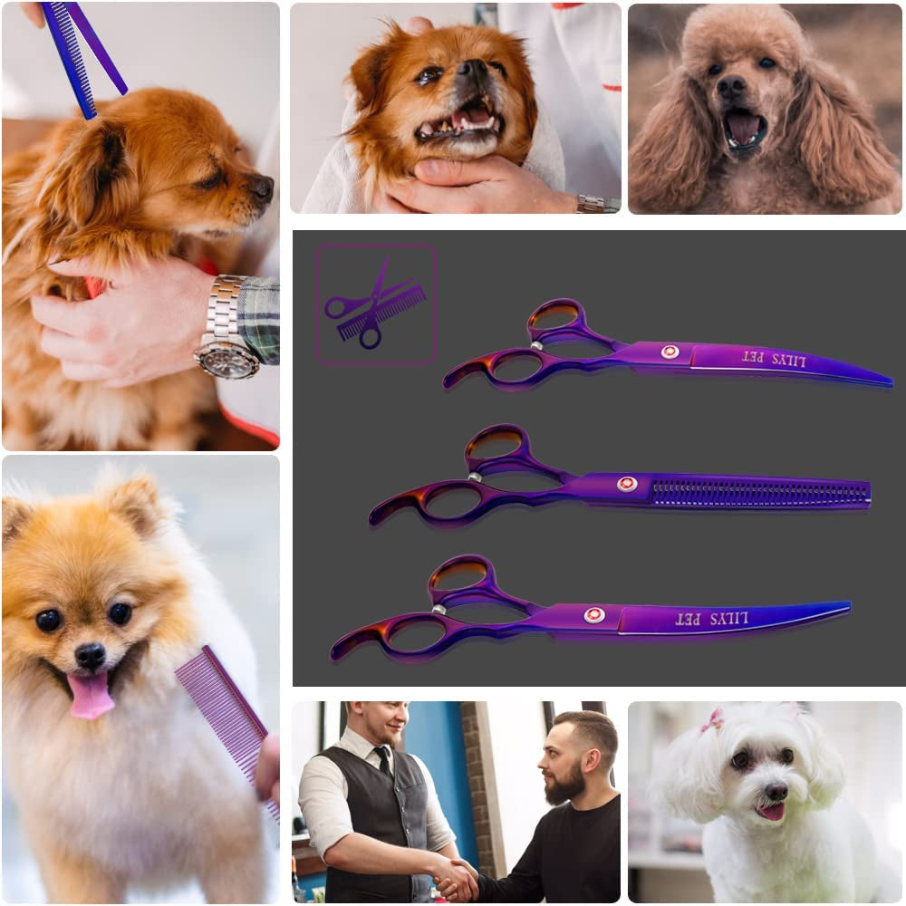 Professional PET DOG Grooming Coated Titanium Scissors Suit Cutting&Curved&Thinning Shears