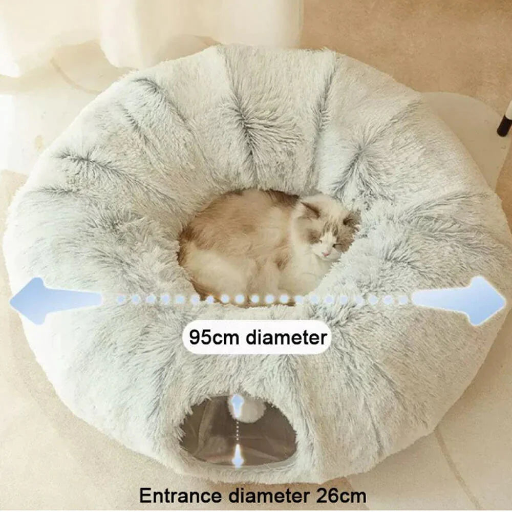 Large Cat Tunnel Bed with Fluffy Cave Tube, Removable Cushion