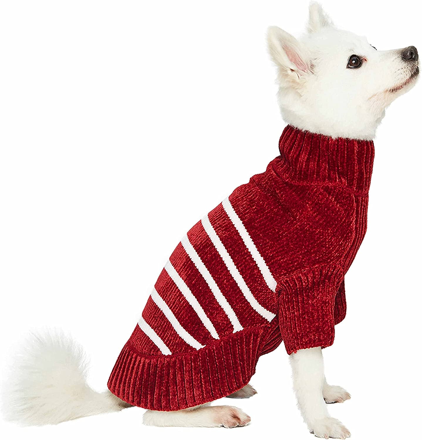 Cozy Soft Chenille Classy Striped Dog Sweater in Burgundy Red, Back Length 