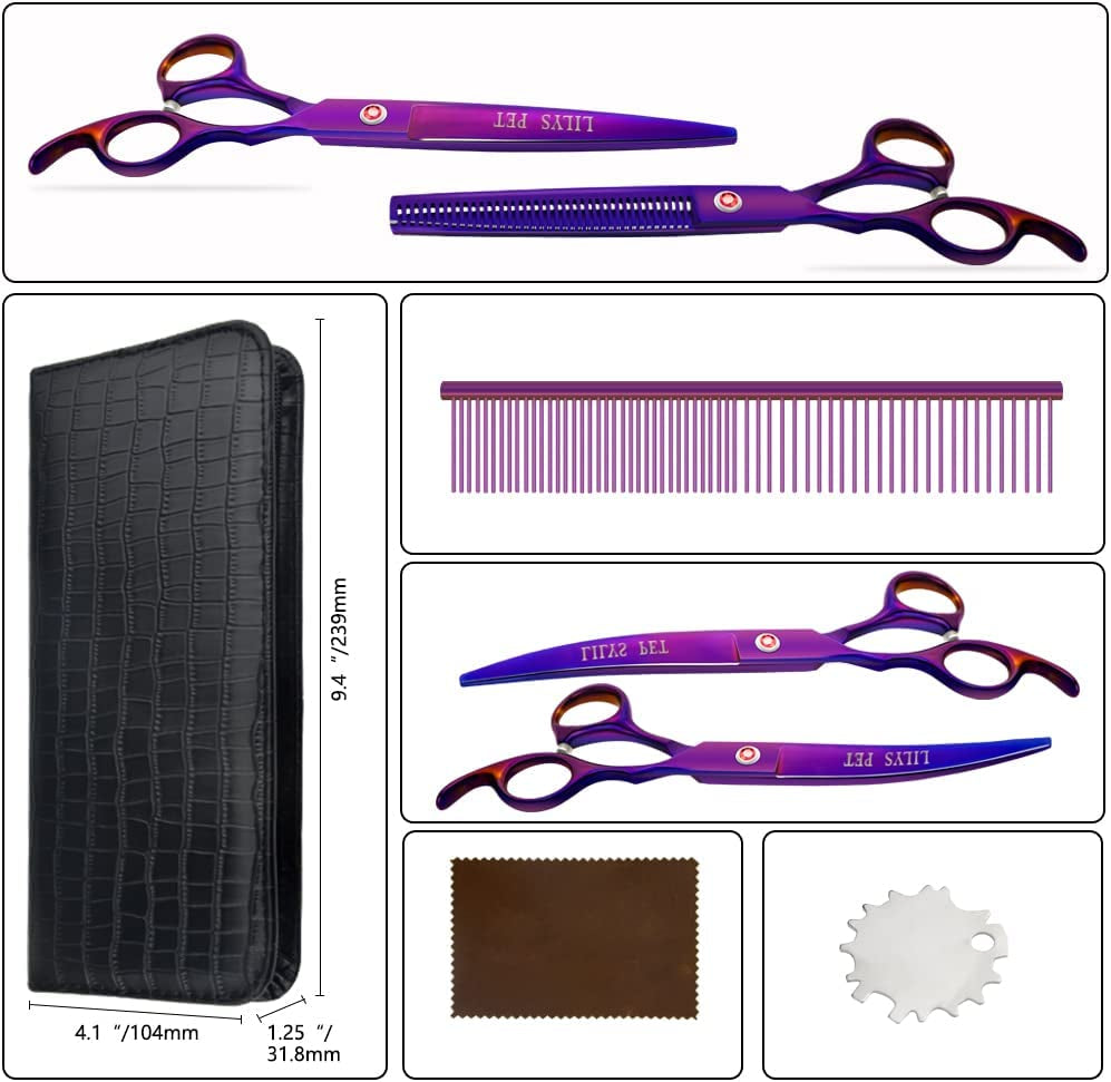 Professional PET DOG Grooming Coated Titanium Scissors Suit Cutting&Curved&Thinning Shears