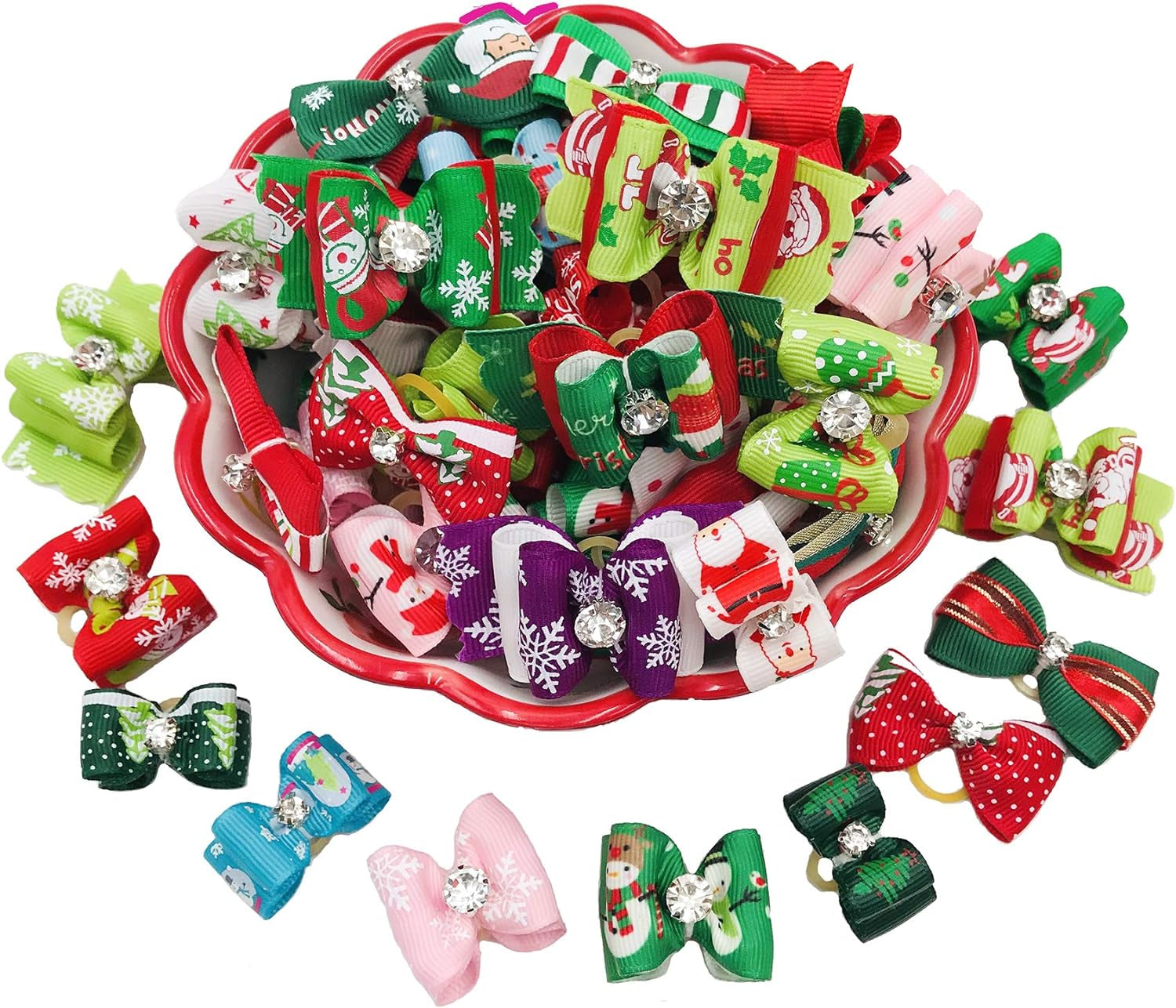 Christmas Dog Hair Bows with Rubber Bands for Small Medium Dogs 