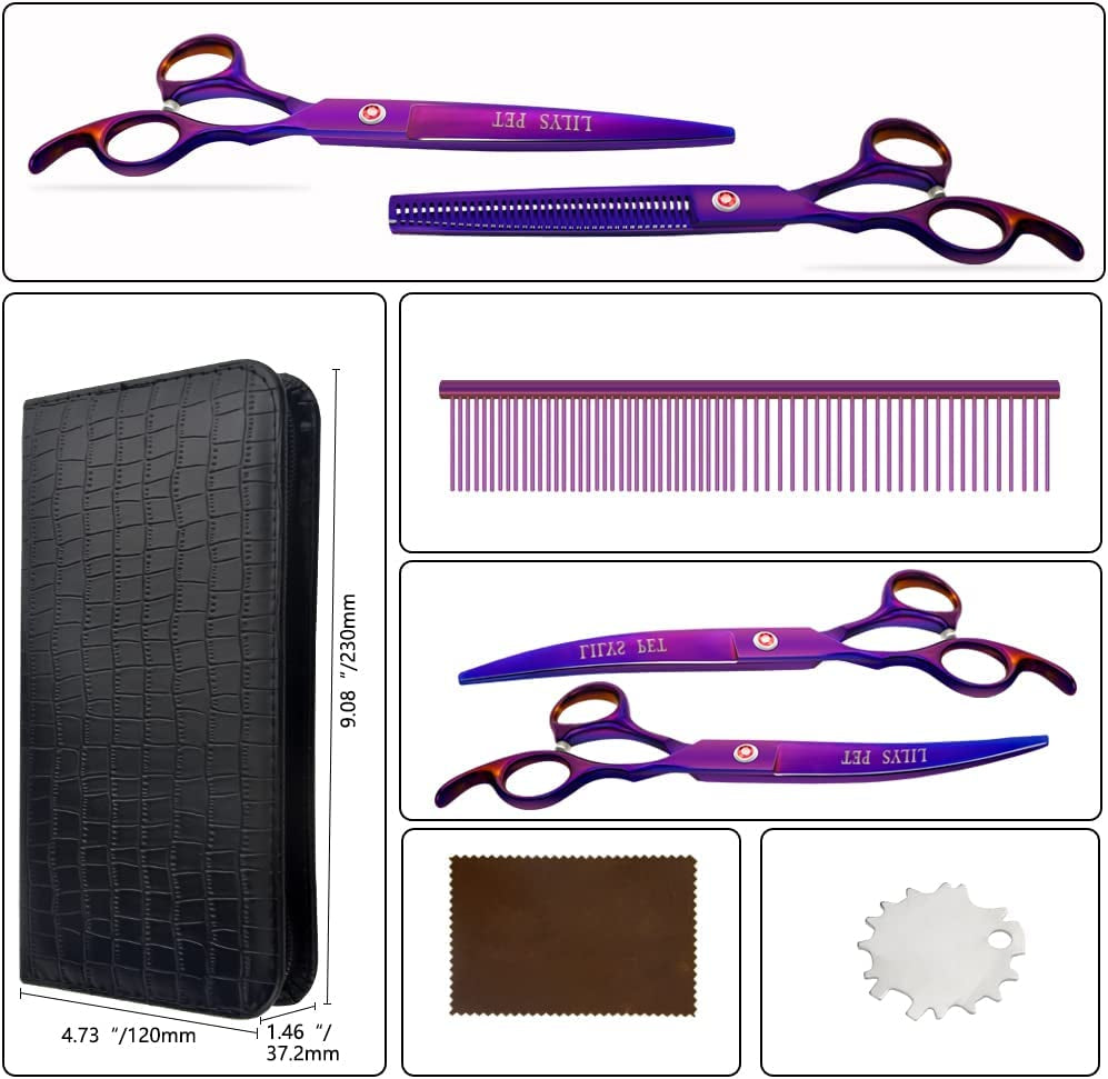 Professional PET DOG Grooming Coated Titanium Scissors Suit Cutting&Curved&Thinning Shears