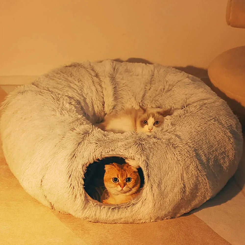 Large Cat Tunnel Bed with Fluffy Cave Tube, Removable Cushion