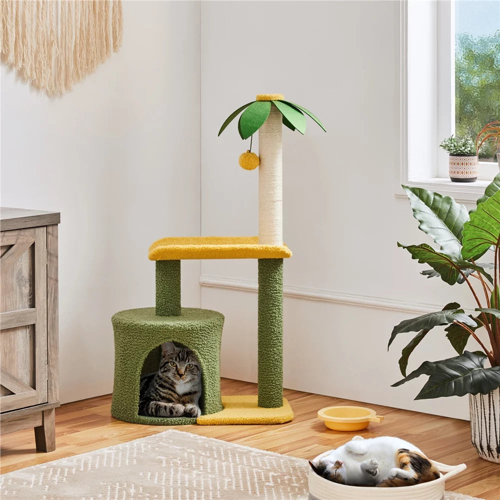 Upholstered 2-Level 37" Coconut Palm Cat Tree with Bending Perch, Gree/Yellow