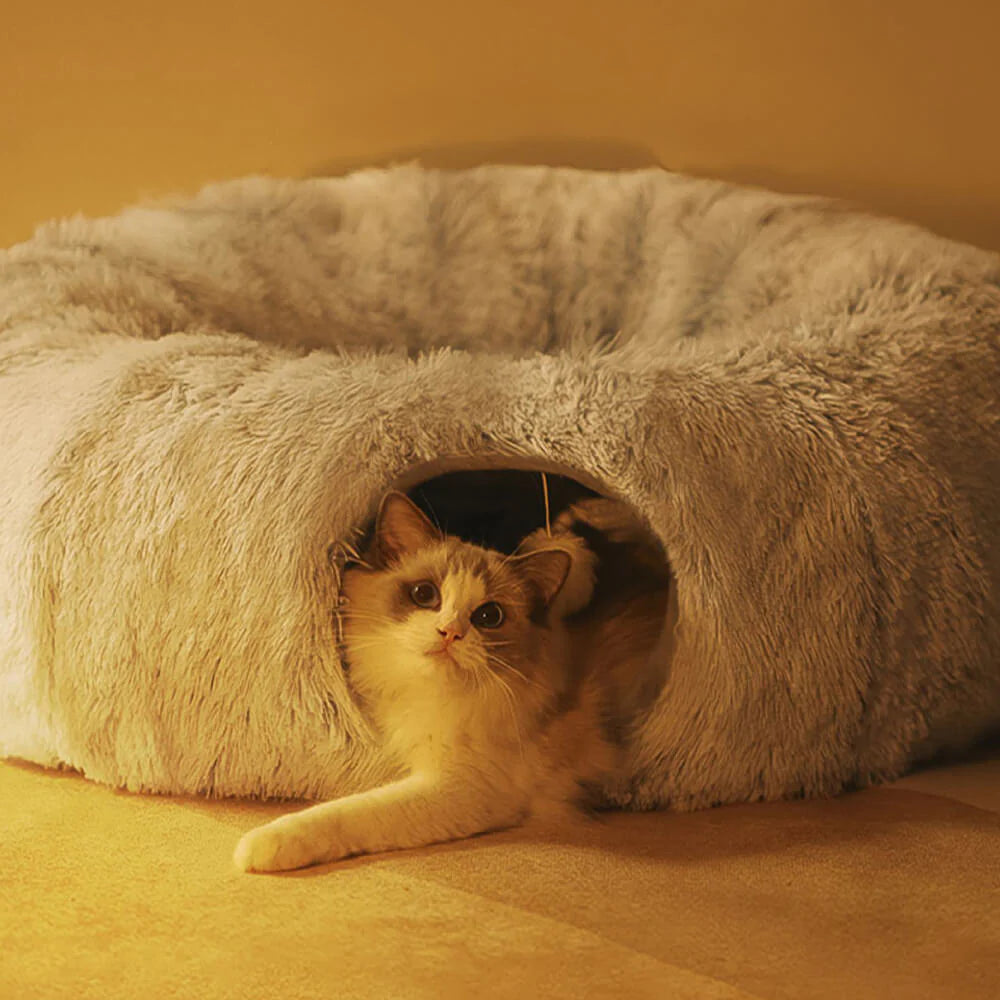 Large Cat Tunnel Bed with Fluffy Cave Tube, Removable Cushion