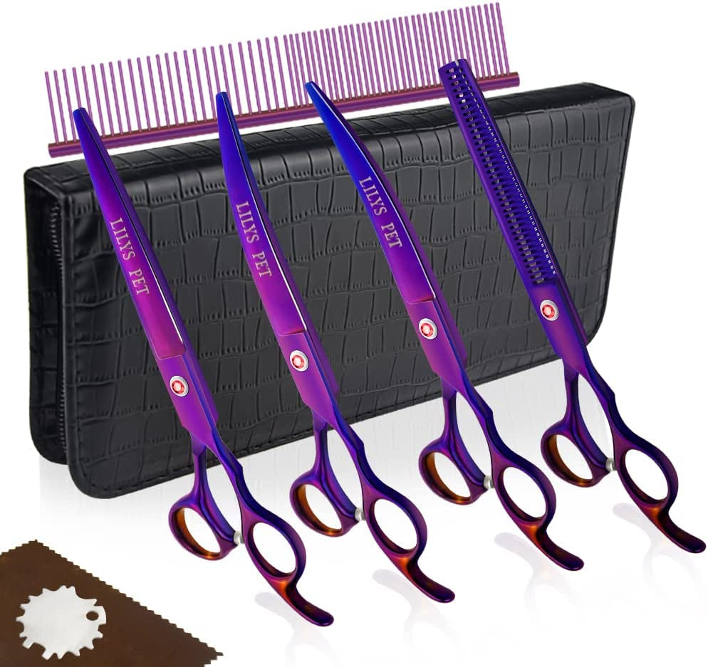 Professional PET DOG Grooming Coated Titanium Scissors Suit Cutting&Curved&Thinning Shears