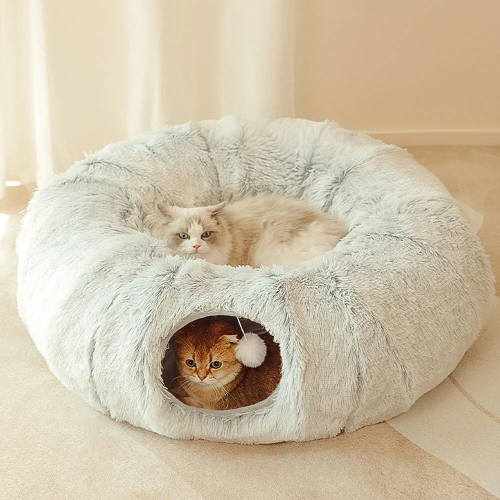 Large Cat Tunnel Bed with Fluffy Cave Tube, Removable Cushion