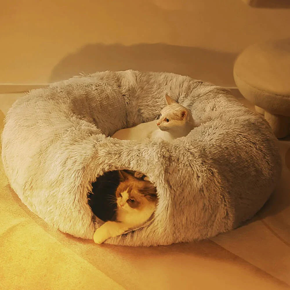 Large Cat Tunnel Bed with Fluffy Cave Tube, Removable Cushion