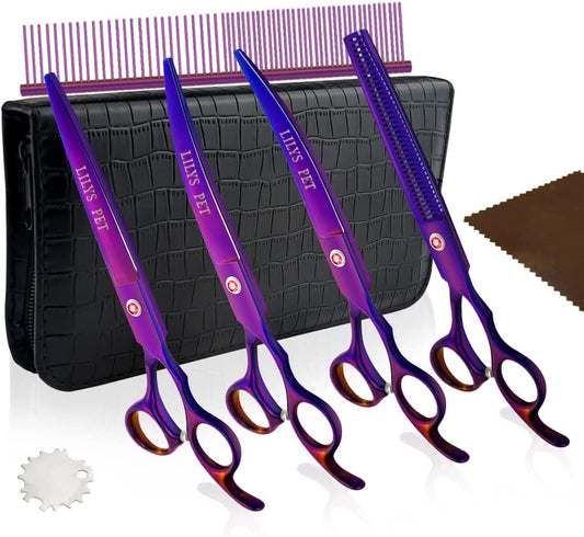 Professional PET DOG Grooming Coated Titanium Scissors Suit Cutting&Curved&Thinning Shears