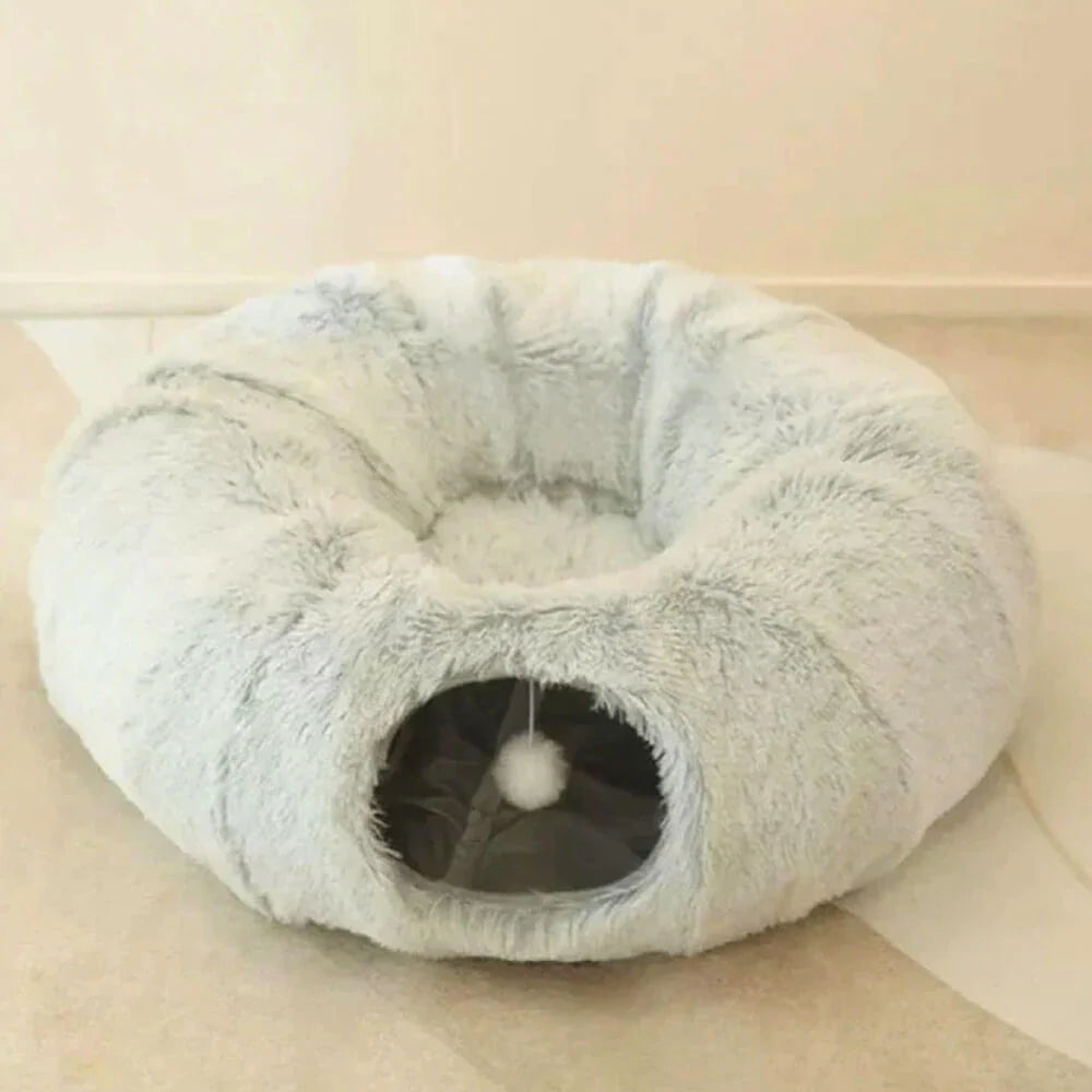 Large Cat Tunnel Bed with Fluffy Cave Tube, Removable Cushion