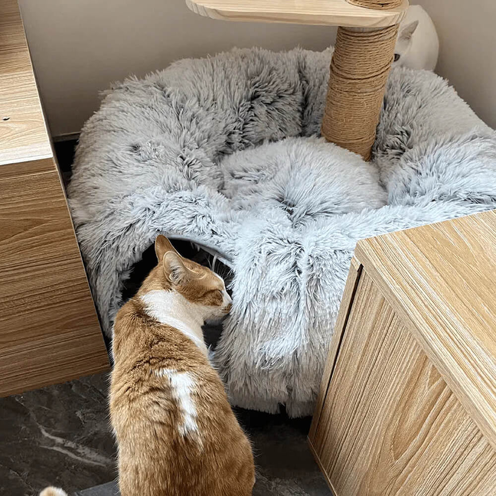 Large Cat Tunnel Bed with Fluffy Cave Tube, Removable Cushion