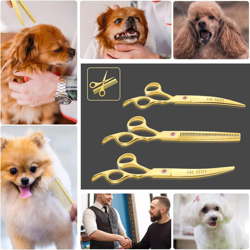 Professional PET DOG Grooming Coated Titanium Scissors Suit Cutting&Curved&Thinning Shears